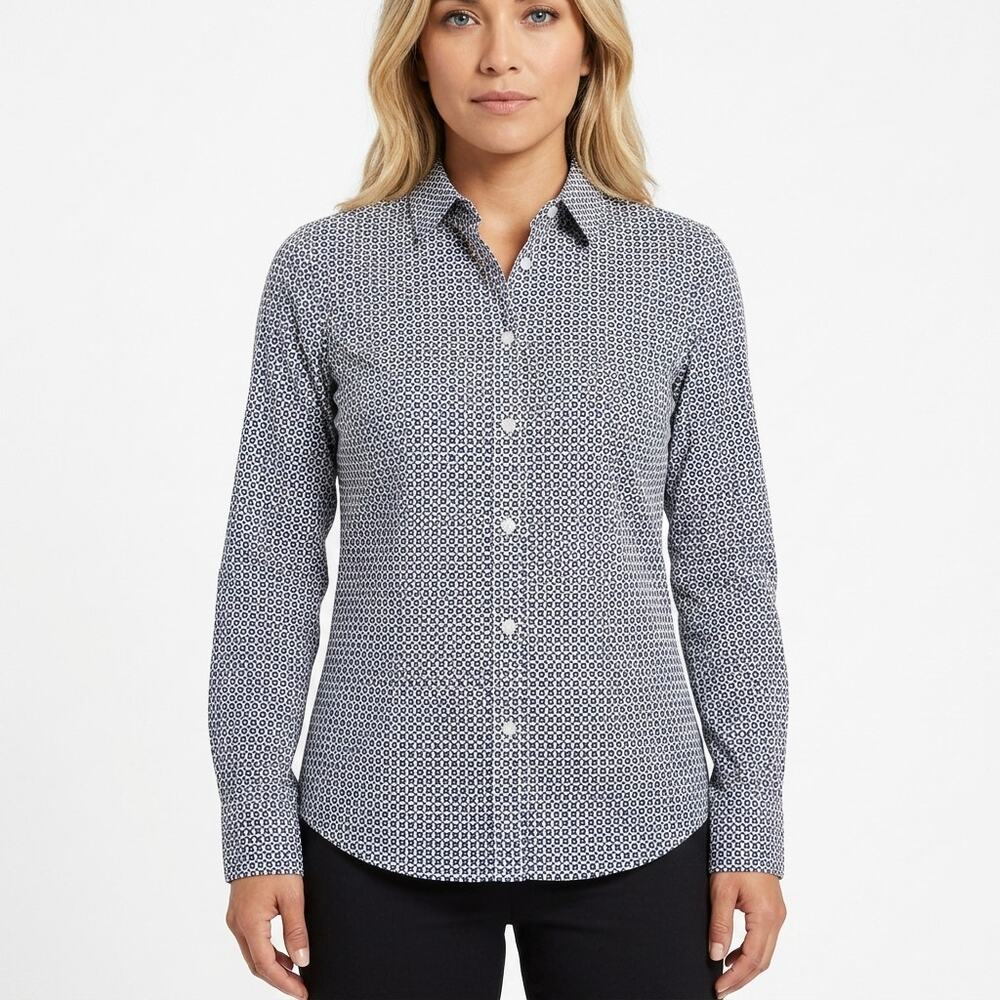 Banana Republic White Blue Geometric Button-Up Shirt Women Size 8